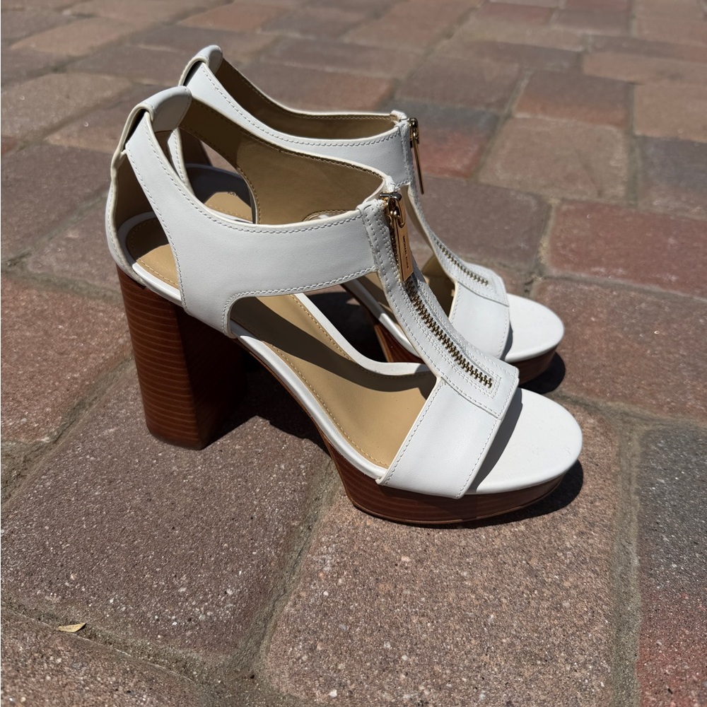 Michael Kors White Leather T-Strap Block Heel Sandals